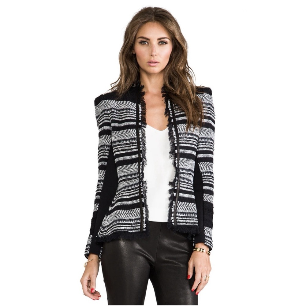 Rebecca Taylor Black White Striped Tweed Leather Peplum Jacket Blazer 2